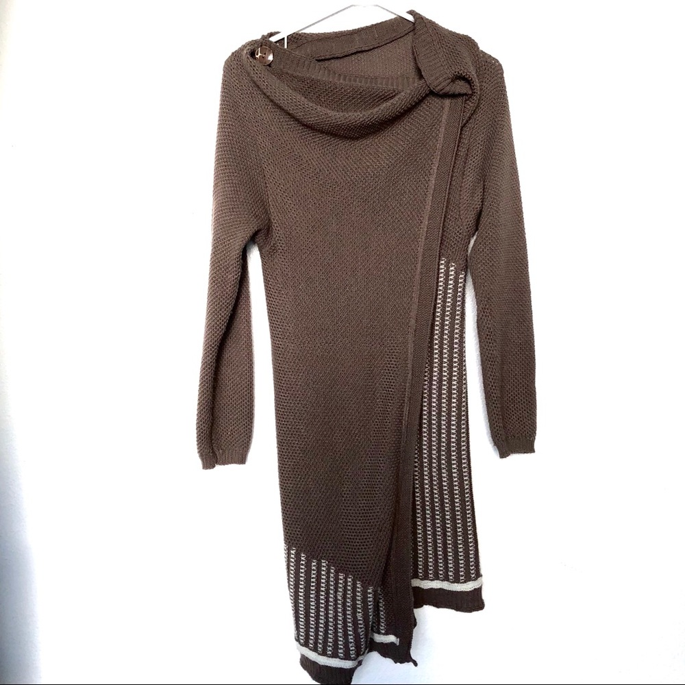 Fobya Brown Asymmetrical Criss Cross Knit Cardigan
